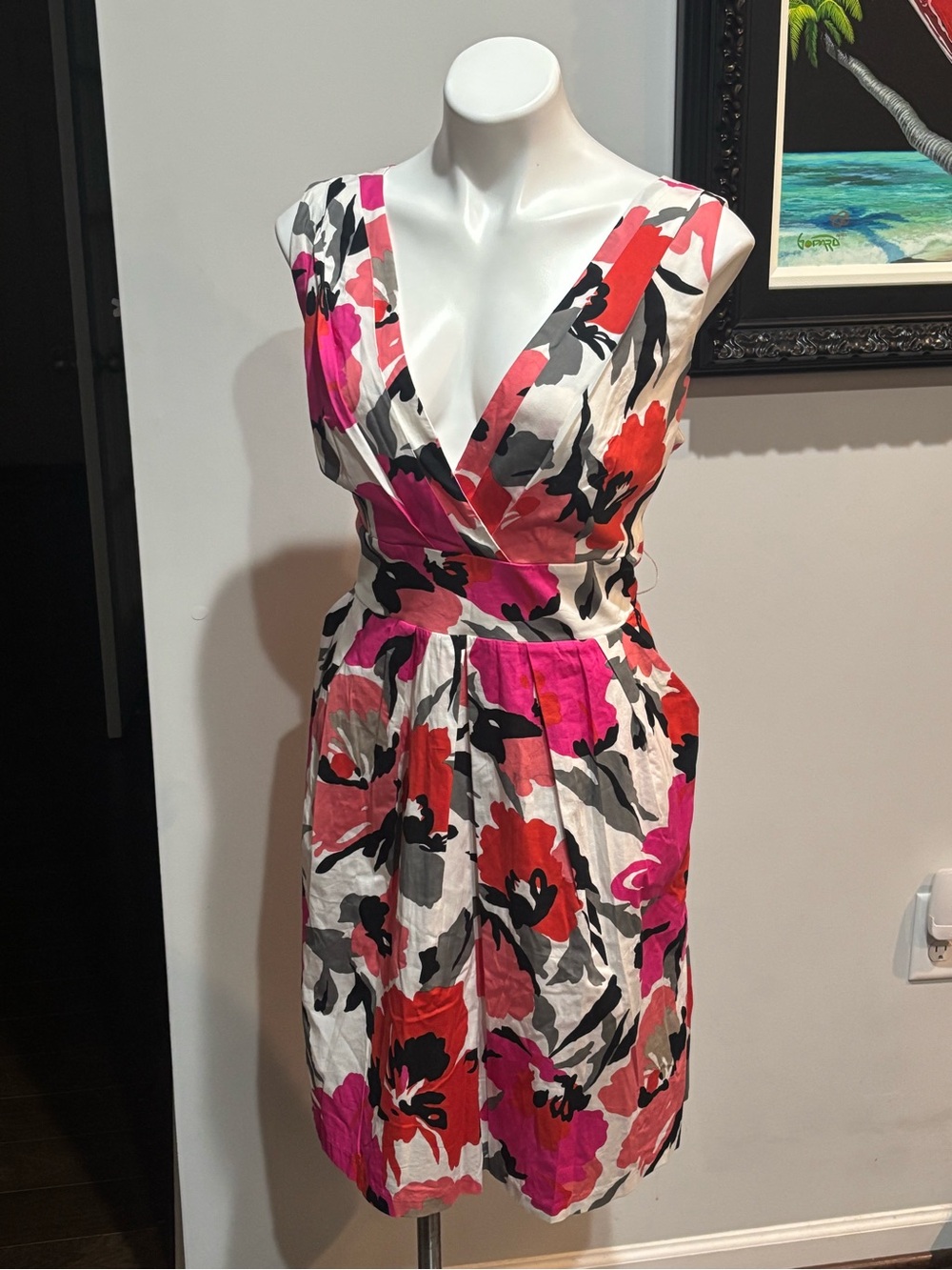 Corey P Floral V-Neck Sleeveless Dress in White, Pink & Red Missing Belt NWT